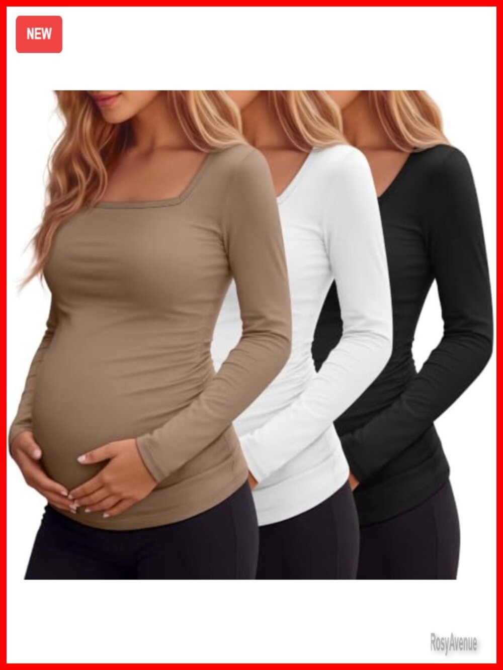 Maternity Long Sleeve Shirts 3 Pack Square Neck Ruched Tops